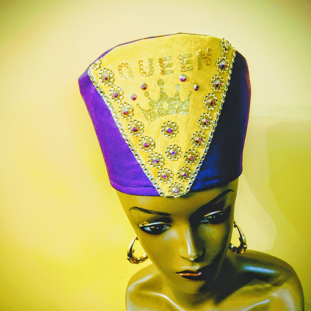 NEW HANDMADE AFRICAN KUFA STYLE ROYAL Purple & Gold  QUEEN HAT 5" H X 22.5" D